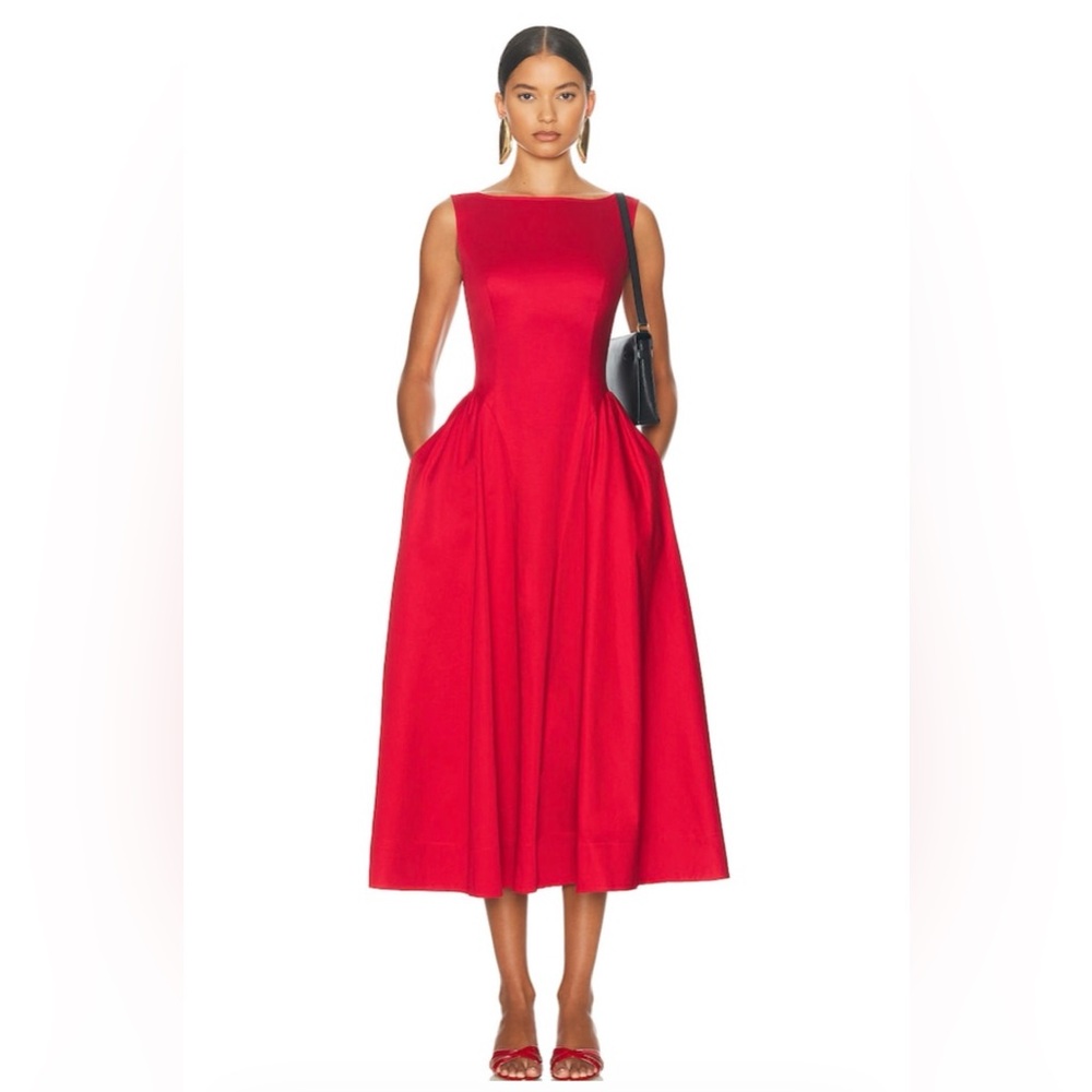 Helsa Sateen Stretch Cotton Midi Dress in Red